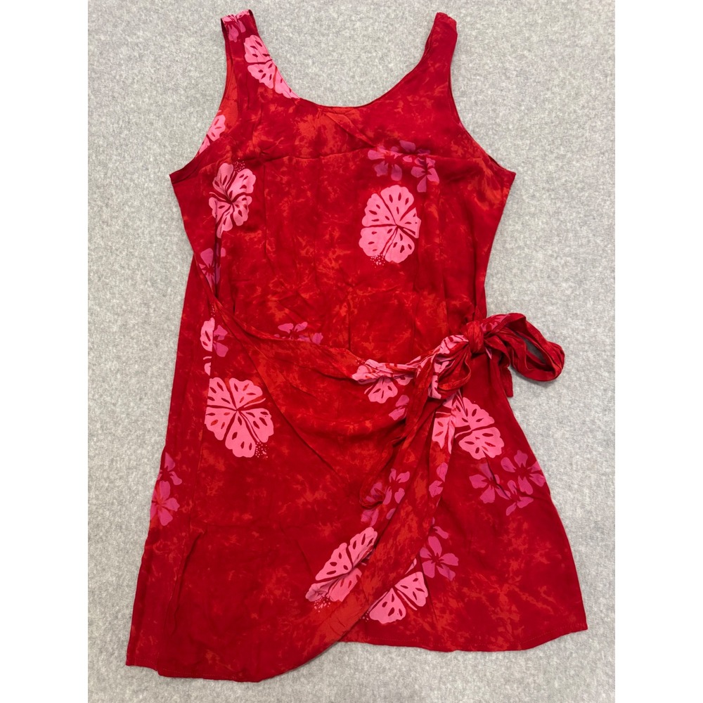 Vintage Young Fashion Red Hibiscus Floral Tie Dye Wrap Mini Dress‎ Womens XL
